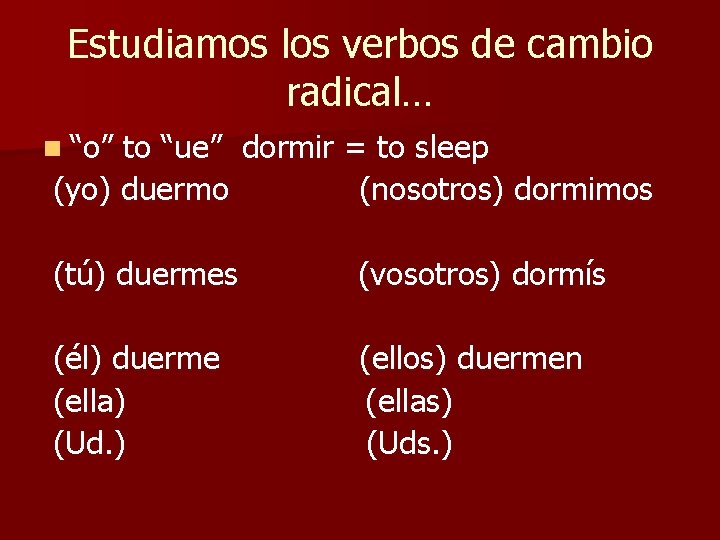 Estudiamos los verbos de cambio radical… n “o” to “ue” dormir = to sleep