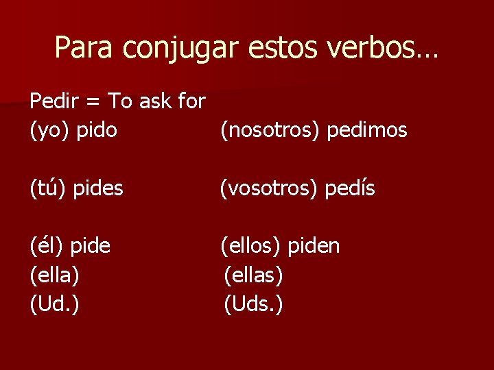 Para conjugar estos verbos… Pedir = To ask for (yo) pido (nosotros) pedimos (tú)