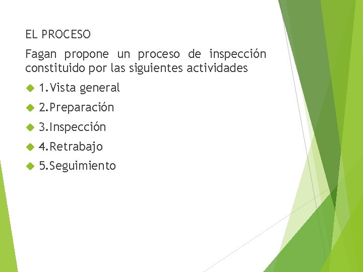 EL PROCESO Fagan propone un proceso de inspección constituido por las siguientes actividades 1.