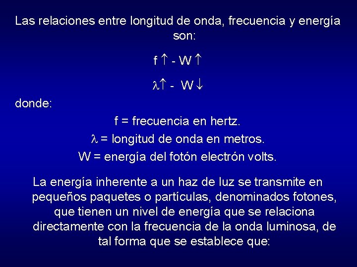 Las relaciones entre longitud de onda, frecuencia y energía son: f - W donde: