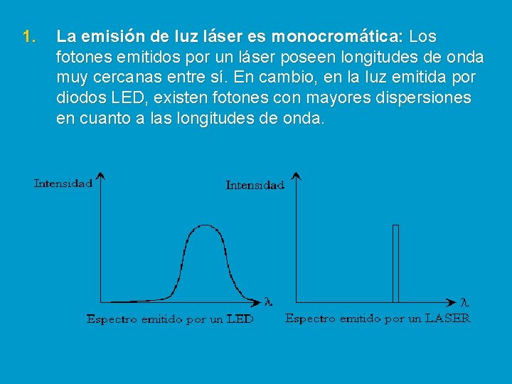 1. La emisión de luz láser es monocromática: Los fotones emitidos por un láser