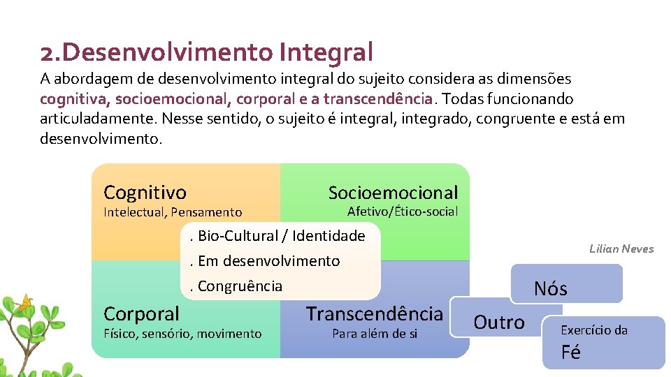 2. Desenvolvimento Integral A abordagem de desenvolvimento integral do sujeito considera as dimensões cognitiva,