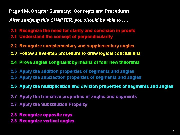 Page 104, Chapter Summary: Concepts and Procedures After studying this CHAPTER, you should be