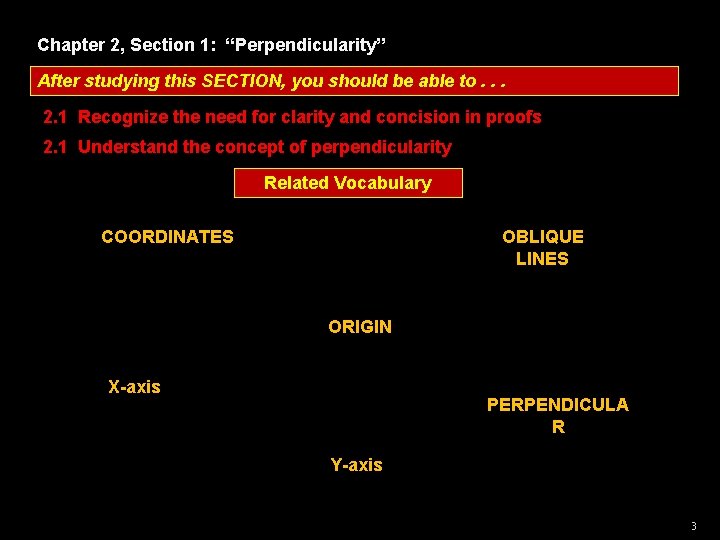 Chapter 2, Section 1: “Perpendicularity” After studying this SECTION, you should be able to.