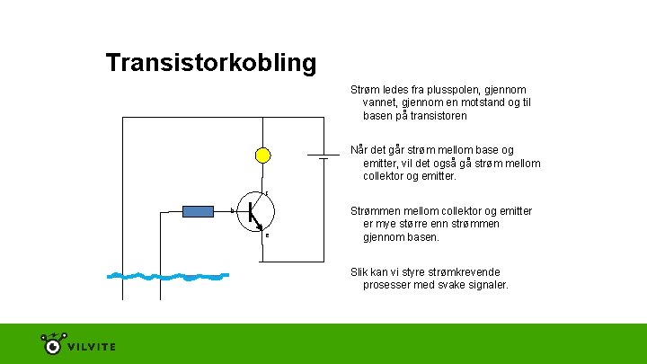 Transistorkobling Strøm ledes fra plusspolen, gjennom vannet, gjennom en motstand og til basen på