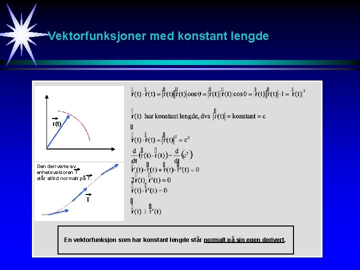 Vektorfunksjoner med konstant lengde r(t) Den deriverte av enhetsvektoren T står alltid normalt på