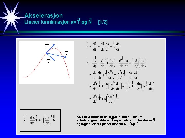Akselerasjon Lineær kombinasjon av T og N [1/2] T a N Akselerasjonen er en