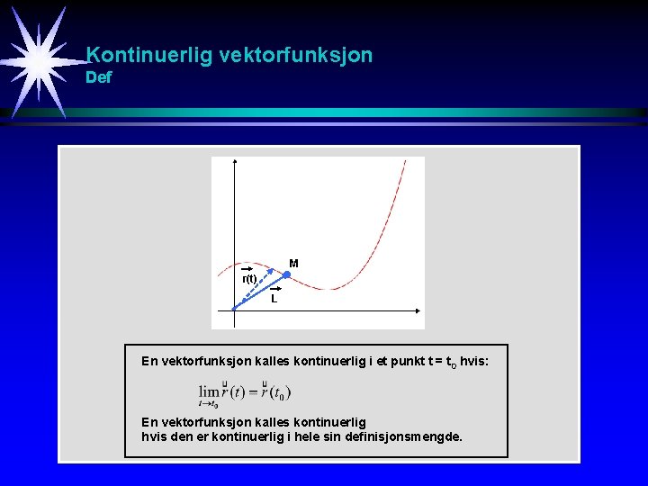 Kontinuerlig vektorfunksjon Def M r(t) L En vektorfunksjon kalles kontinuerlig i et punkt t