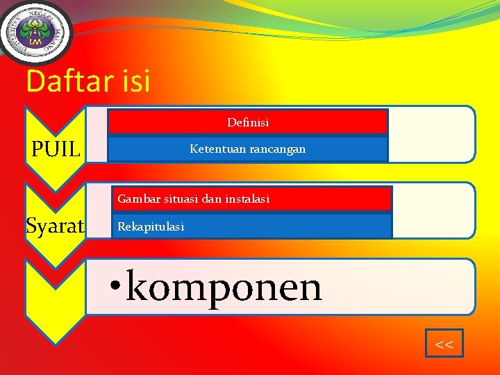 Daftar isi Definisi PUIL Ketentuan rancangan Gambar situasi dan instalasi Syarat Rekapitulasi • komponen