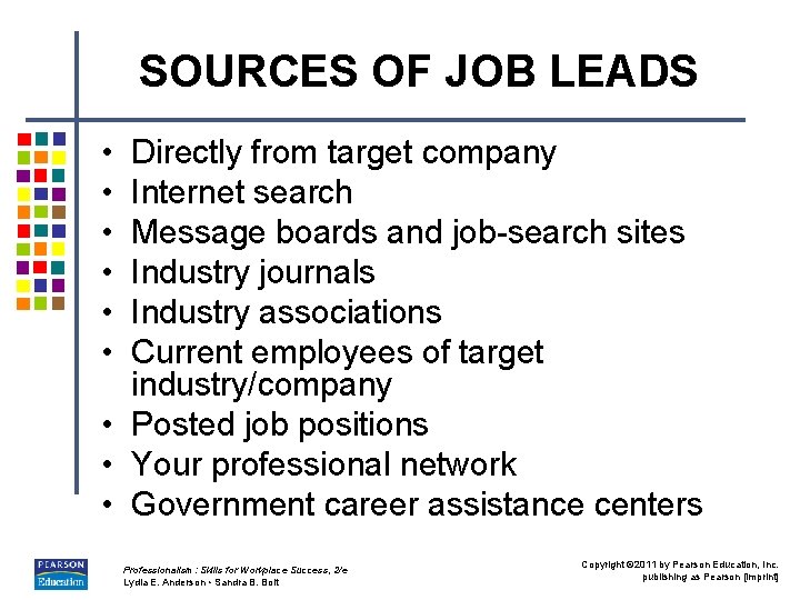 SOURCES OF JOB LEADS • • • Directly from target company Internet search Message
