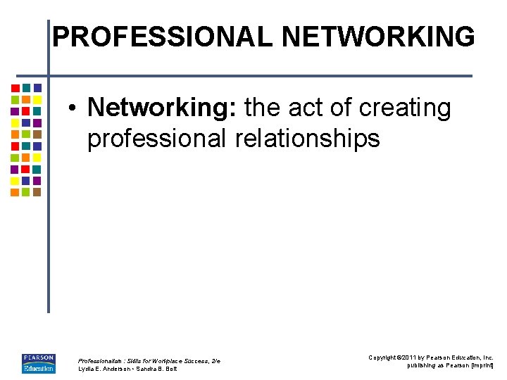 PROFESSIONAL NETWORKING • Networking: the act of creating professional relationships Professionalism: Skills for Workplace