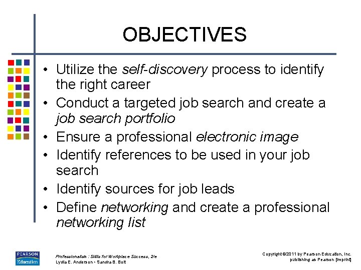 OBJECTIVES • Utilize the self-discovery process to identify the right career • Conduct a