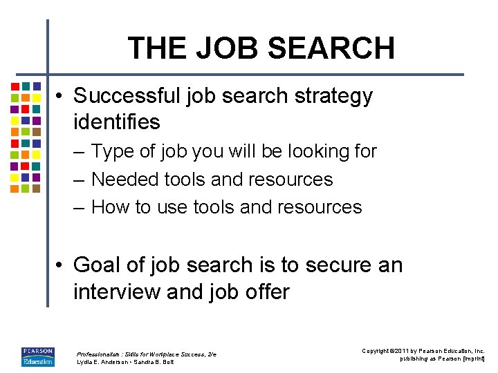 THE JOB SEARCH • Successful job search strategy identifies – Type of job you