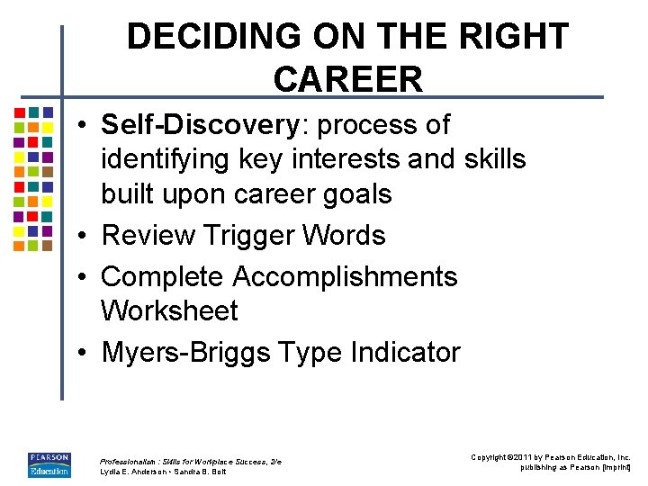 DECIDING ON THE RIGHT CAREER • Self-Discovery: process of identifying key interests and skills