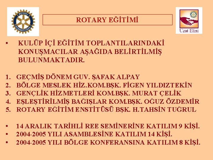 ROTARY EĞİTİMİ • KULÜP İÇİ EĞİTİM TOPLANTILARINDAKİ KONUŞMACILAR AŞAĞIDA BELİRTİLMİŞ BULUNMAKTADIR. 1. 2. 3.