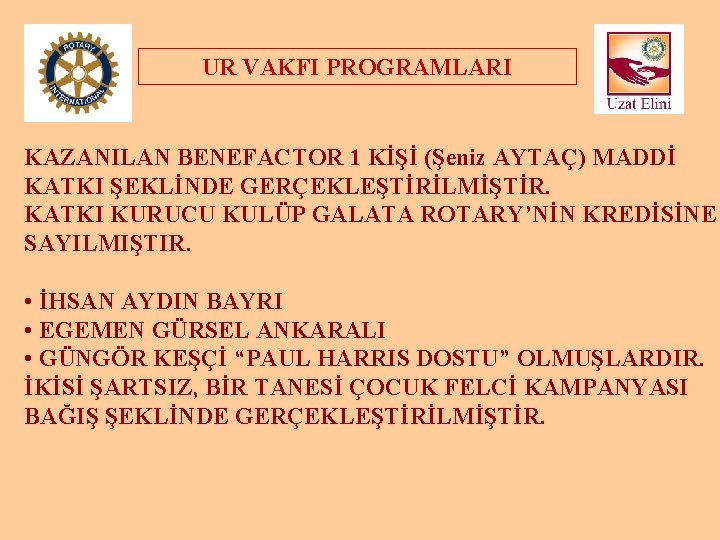 UR VAKFI PROGRAMLARI KAZANILAN BENEFACTOR 1 KİŞİ (Şeniz AYTAÇ) MADDİ KATKI ŞEKLİNDE GERÇEKLEŞTİRİLMİŞTİR. KATKI