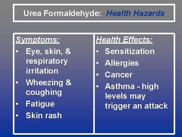 Urea Formaldehyde: Health Hazards Symptoms: • Eye, skin, & respiratory irritation • Wheezing &