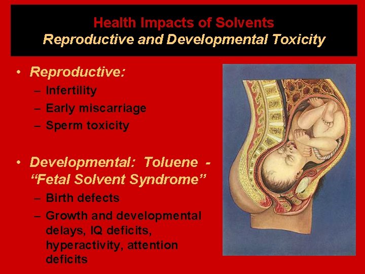 Health Impacts of Solvents Reproductive and Developmental Toxicity • Reproductive: – Infertility – Early