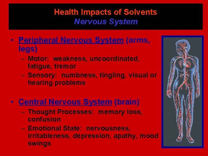 Health Impacts of Solvents Nervous System • Peripheral Nervous System (arms, legs) – Motor: