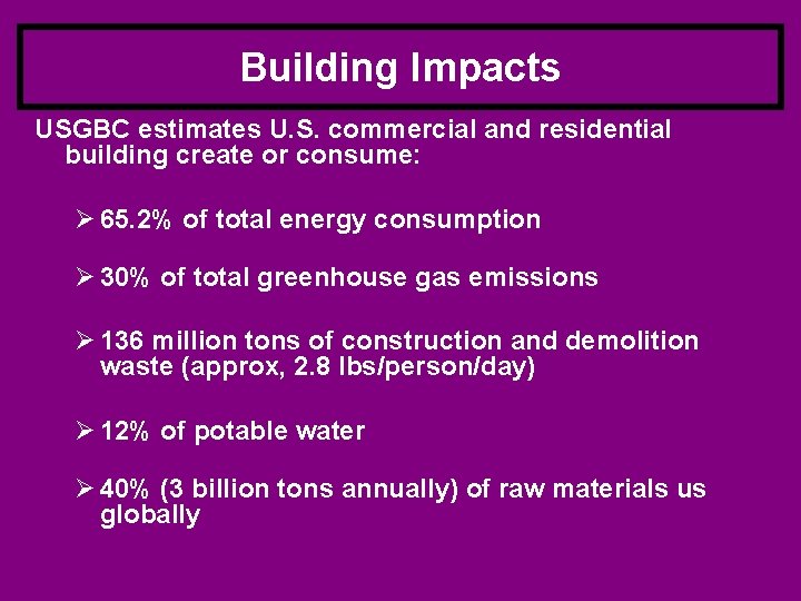 Building Impacts USGBC estimates U. S. commercial and residential building create or consume: Ø