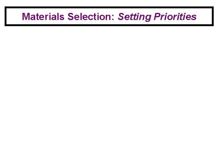 Materials Selection: Setting Priorities • Emissions and Durability – what gases and particulates will