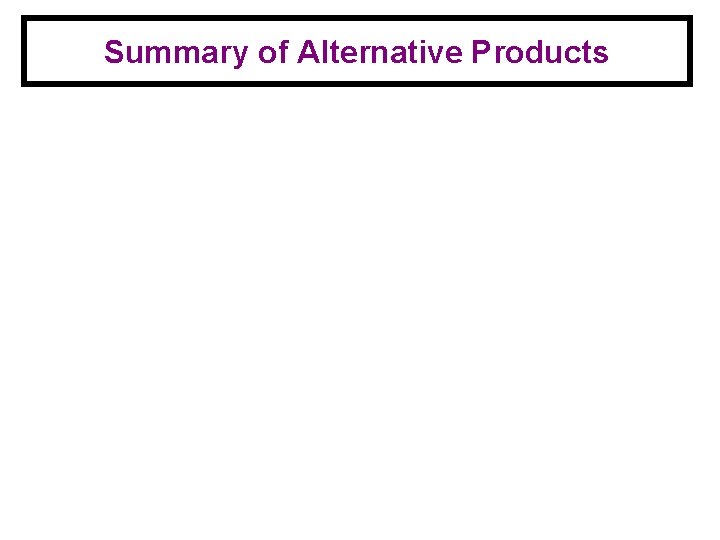 Summary of Alternative Products • Minimize use of formaldehyde based wood composite products. Use