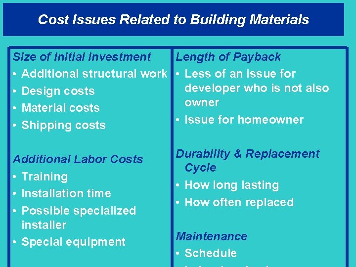 Cost Issues Related to Building Materials Size of Initial Investment Length of Payback •