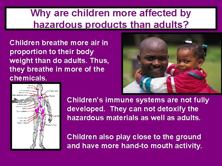 Why are children more affected by hazardous products than adults? Children breathe more air