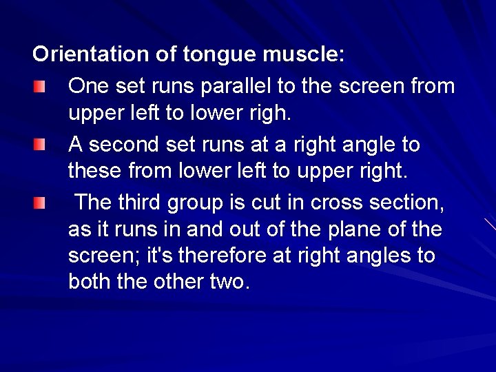 Orientation of tongue muscle: One set runs parallel to the screen from upper left