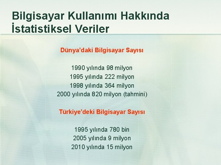 Bilgisayar Kullanımı Hakkında İstatistiksel Veriler Dünya’daki Bilgisayar Sayısı 1990 yılında 98 milyon 1995 yılında