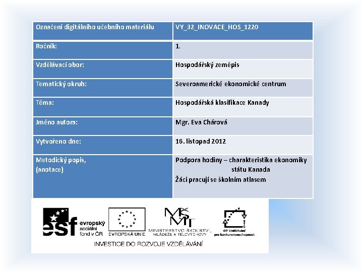 Označení digitálního učebního materiálu VY_32_INOVACE_HOS_1220 Ročník: 1. Vzdělávací obor: Hospodářský zeměpis Tematický okruh: Severoamerické