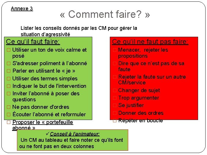 Annexe 3 « Comment faire? » Lister les conseils donnés par les CM pour