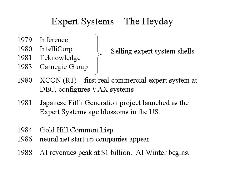Expert Systems – The Heyday 1979 1980 1981 1983 Inference Intelli. Corp Teknowledge Carnegie
