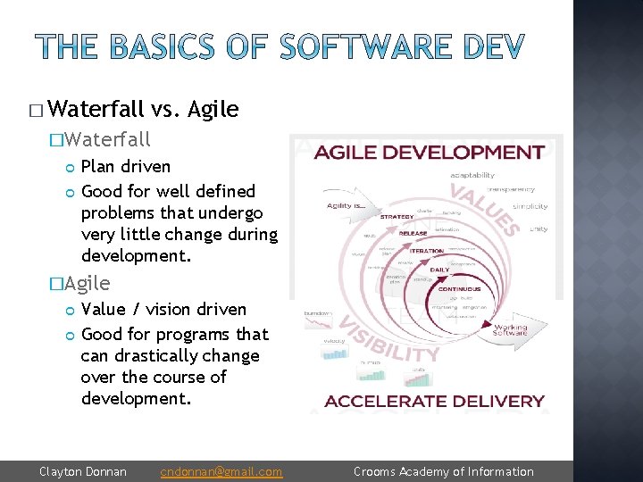 � Waterfall vs. Agile �Waterfall Plan driven Good for well defined problems that undergo