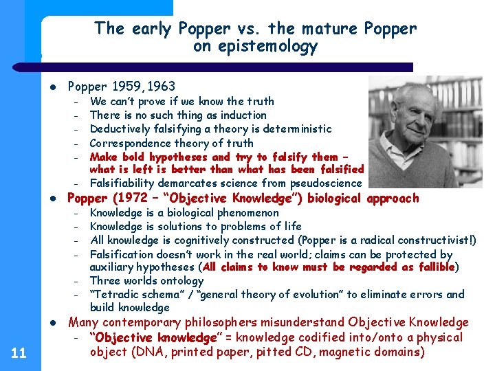 The early Popper vs. the mature Popper on epistemology Popper 1959, 1963 – –