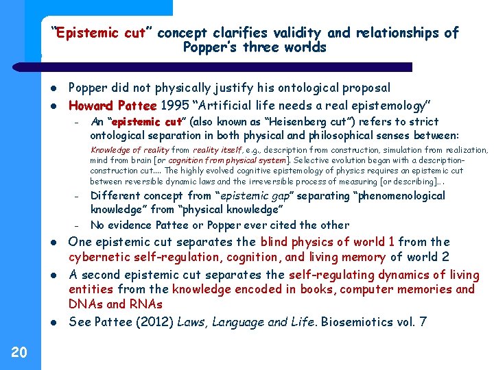 “Epistemic cut” concept clarifies validity and relationships of Popper’s three worlds Popper did not