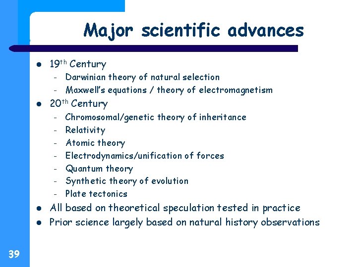 Major scientific advances 19 th Century – – 20 th Century – – –