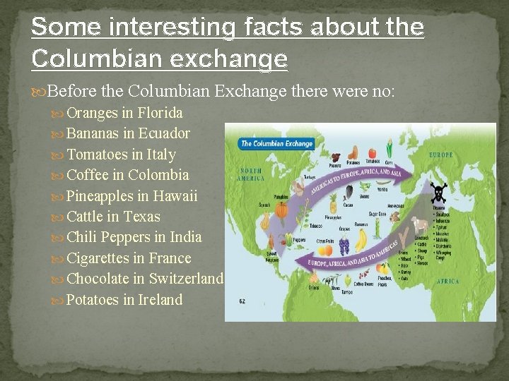 Some interesting facts about the Columbian exchange Before the Columbian Exchange there were no: