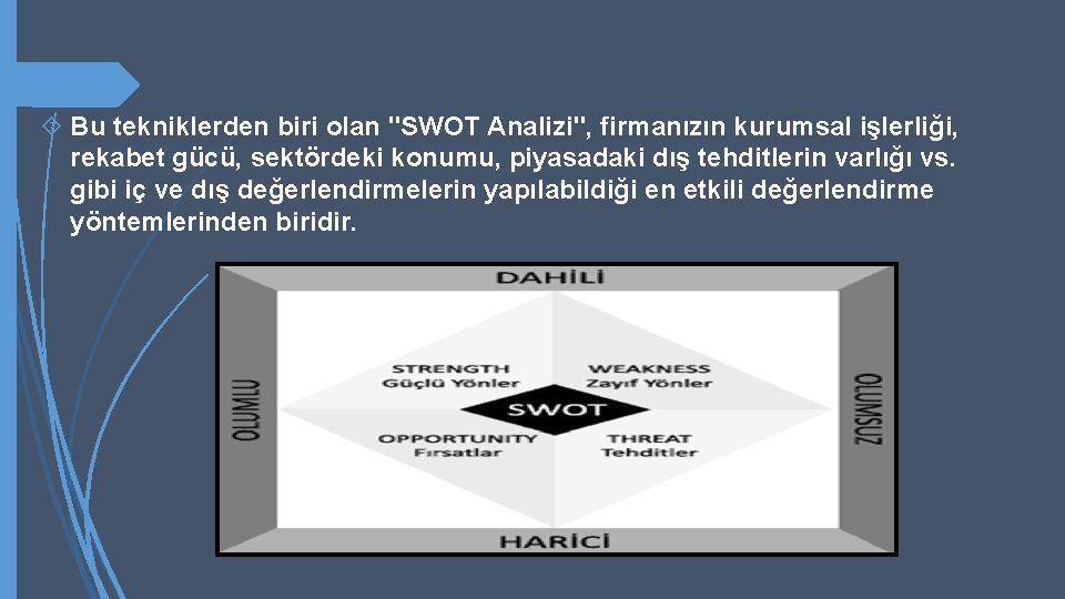  Bu tekniklerden biri olan "SWOT Analizi", firmanızın kurumsal işlerliği, rekabet gücü, sektördeki konumu,