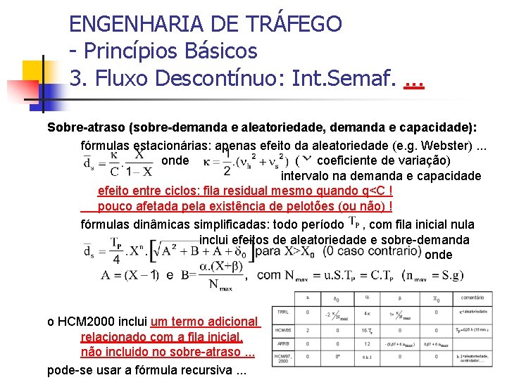 ENGENHARIA DE TRÁFEGO - Princípios Básicos 3. Fluxo Descontínuo: Int. Semaf. . Sobre-atraso (sobre-demanda