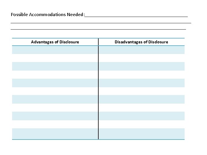 Possible Accommodations Needed: _______________________________________________________ Advantages of Disclosure Disadvantages of Disclosure Possible Accommodations Needed: _______________________________________________________ Advantages of Disclosure Disadvantages of Disclosure