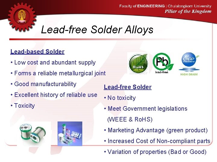 Lead-free Solder Alloys Lead-based Solder • Low cost and abundant supply • Forms a