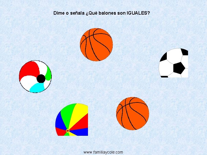 Dime o señala ¿Qué balones son IGUALES? www. familiaycole. com 