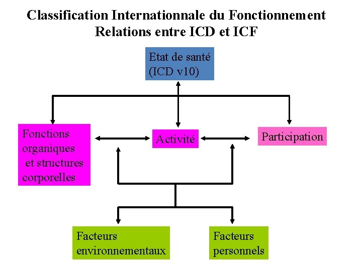 Classification Internationnale du Fonctionnement Relations entre ICD et ICF Etat de santé (ICD v