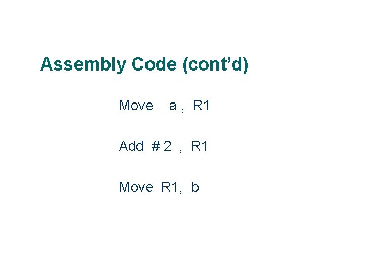 Assembly Code (cont’d) Move a , R 1 Add # 2 , R 1