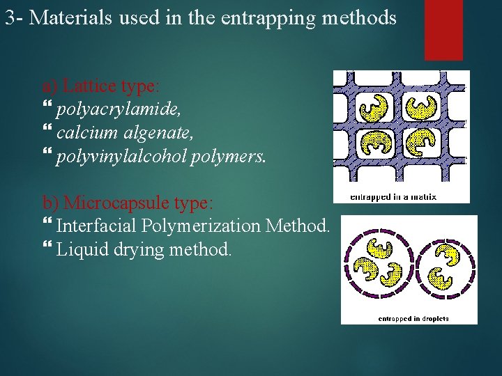 3 - Materials used in the entrapping methods a) Lattice type: polyacrylamide, calcium algenate,