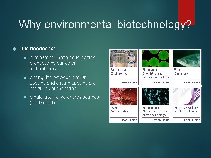 Why environmental biotechnology? It is needed to: eliminate the hazardous wastes produced by our