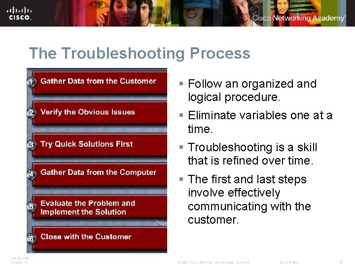 The Troubleshooting Process § Follow an organized and logical procedure. § Eliminate variables one