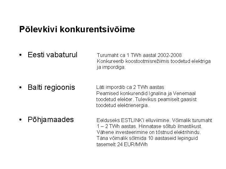 Põlevkivi konkurentsivõime • Eesti vabaturul Turumaht ca 1 TWh aastal 2002 -2008 Konkureerib koostootmisrežiimis