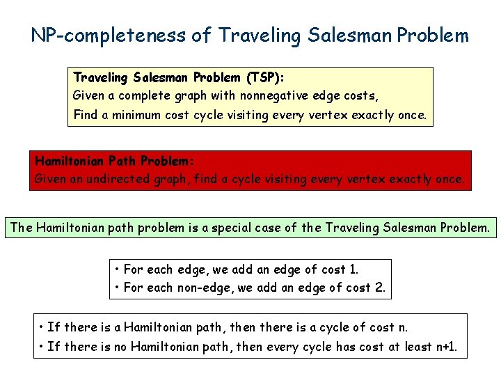 NP-completeness of Traveling Salesman Problem (TSP): Given a complete graph with nonnegative edge costs,